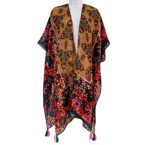Soft Surroundings Colorful Printed Runa Tassel Cover Up Kimono OS